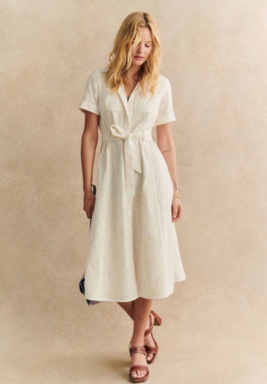 Sézane Adele Dress 36 White Cream Eyelet Embroidered Cotton Midi Belted US 4